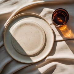 Cream ceramic plate stoneware plate speckled glaze amber glass warm sunlight soft shadow linen fabric neutral tone minimal style rustic kitchen