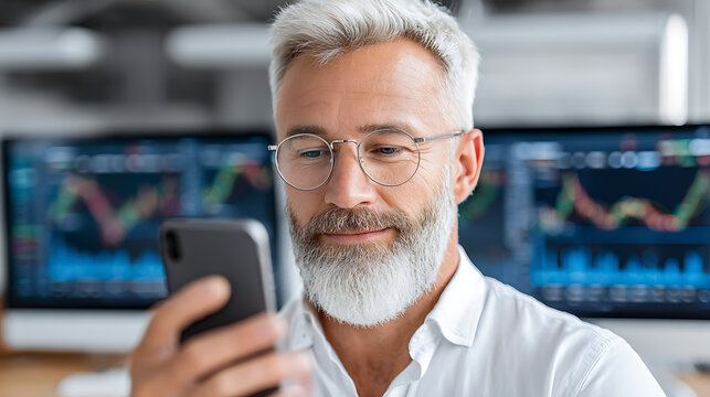 Middle-aged Man Checks Stock Market Updates Using Smartphone While Sitting in a Modern Office Environment