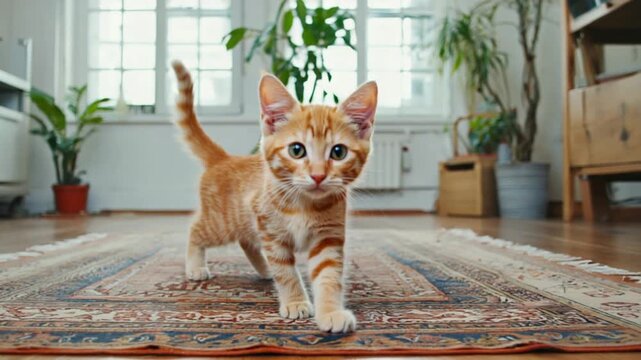 Ginger kitten walking on a patterned rug in a bright room with plants and large windows behind it cat video