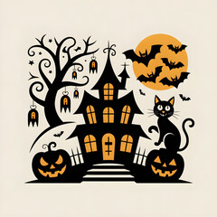 Halloween Haunted House Scene Coloring Page for Kids - Bats, Cats, Pumpkins, Moon, Spooky Castle