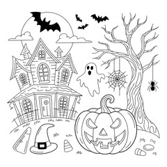 Halloween Spooky Scene Coloring Page for Kids - Haunted House, Bats, Ghosts, Pumpkins, Spider, Tree