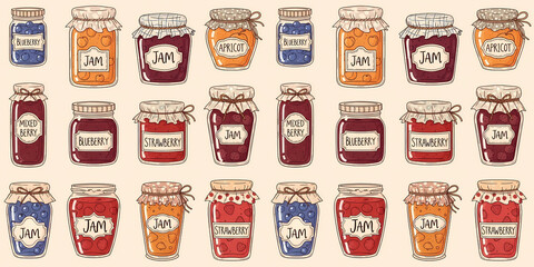 A seamless pattern with cartoon jam jars. Hand-drawn illustration of homemade fruit preserves like strawberry, blueberry, and apricot