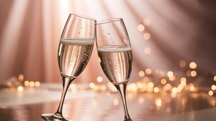 Two elegant champagne flutes clinking together in a celebratory toast against a soft bokeh background of warm golden lights