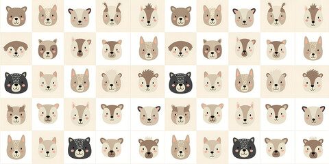 Obraz premium Seamless pattern of cute forest animal faces. Adorable woodland characters on a checkerboard background for kids' decor