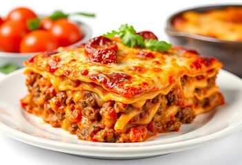 A savory, cheesy beef lasagna, freshly baked, isolated on white,  ingredients,  comfort food