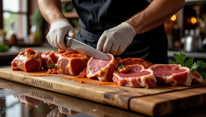 Chef slicing basturma in traditional Armenian kitchen, craftsmanship-