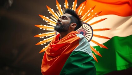 Fototapeta premium A radiant figure draped in the Indian tricolor, embodying national pride, independence day, symbol