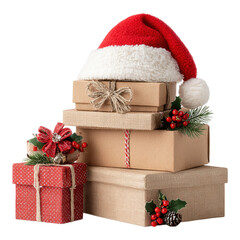 Piled Christmas gift boxes with red ribbons and Christmas Decoration