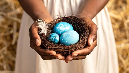 A pair of dark hands cradle a woven nest holding three blue eggs and feather