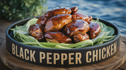 Black pepper chicken, photorealistic, glossy glaze, warm tones -