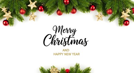 Festive merry christmas and happy new year text overlay on a white background framed by lush green fir branches adorned with red baubles and golden star ornaments