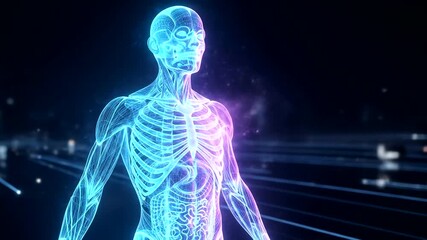 Illuminated human anatomy model glows with digital energy and particles. - Powered by Adobe