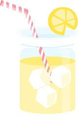 Refreshing Lemonade Drink in a Transparent Glass Jar with Ice Cubes and Striped Straw, Garnished with a Bright Lemon Slice – A Vibrant Flat Vector Illustration for Summer