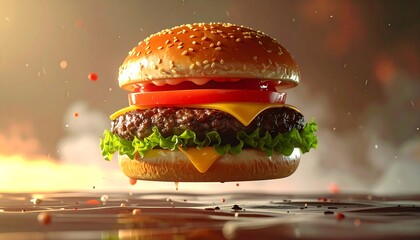 A mouthwatering burger with sesame bun, cheese, and tomato