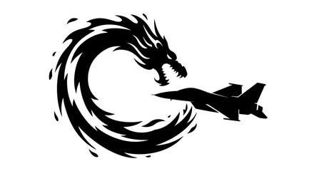 Dynamic silhouette of a fierce dragon interacting with a stealth fighter jet in a dramatic artistic concept isolated on white background