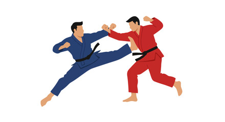 Dynamic martial arts combat two athletes in blue and red uniforms performing kicks and punches in intense action pose isolated on white background