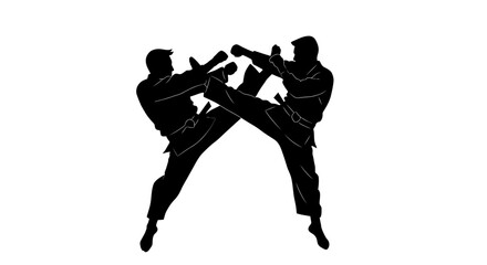 Dynamic silhouette of two martial artists performing powerful kicks in synchronized combat action isolated on white background