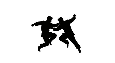 Dynamic silhouette of two martial artists engaging in combat demonstrating powerful judo or karate techniques and athleticism isolated on white background