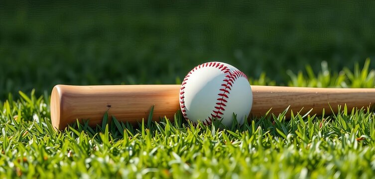 Baseball bat rests beside a ball on lush green grass, leather, background