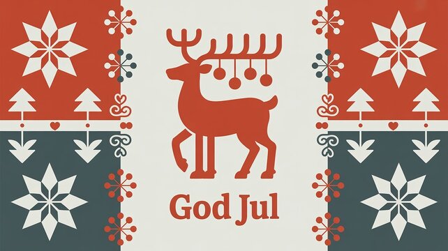 Festive holiday graphic with reindeer, snowflakes, and 'God Jul' greeting