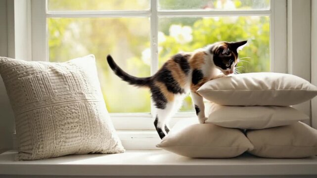 Calico cat walking on a windowsill with white pillows and a window looking out to green trees cat video