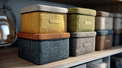 Colorful Speckled Metal Storage Tins On A Wooden Shelf With Warm
