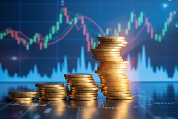 Golden coins stacked in ascending piles against a backdrop of a fluctuating stock market graph symbolizing financial growth and investment