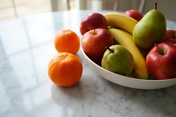 Fresh fruit bowl with oranges and apples on a table