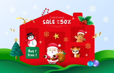 Happy red house christmas background with 3d santa, snowman, ginger bread, reindeer. Vector template for concept, sale promotional banner.
