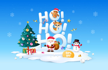 Ho ho ho 3d blue Christmas design with Christmas tree and ornaments, with snow background. Vector template for concept, sale promotional banner.