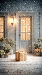 Cozy Winter Scene with Gift Wrapped in Snow at Festive Doorstep