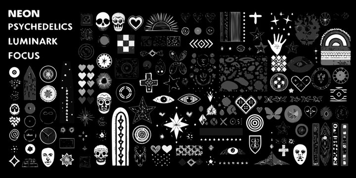 Collection of psychedelic and abstract black and white graphic elements and symbols
