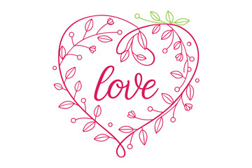 Stylish pink floral heart with love lettering. Perfect for romantic invitations, Valentine cards, posters, and elegant gift packaging.