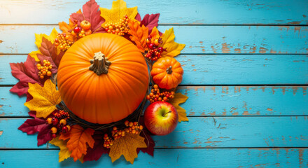 Vibrant fall arrangement featuring a large pumpkin, small pumpkin, apple, and colorful autumn leaves on a blue wooden surface