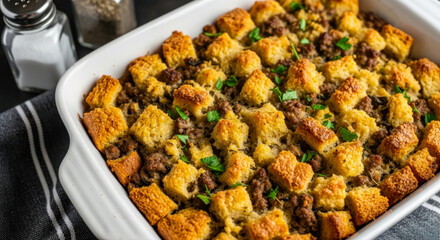 Delicious homemade stuffing with sausage and bread cubes, served in a white baking dish, ready for a holiday meal