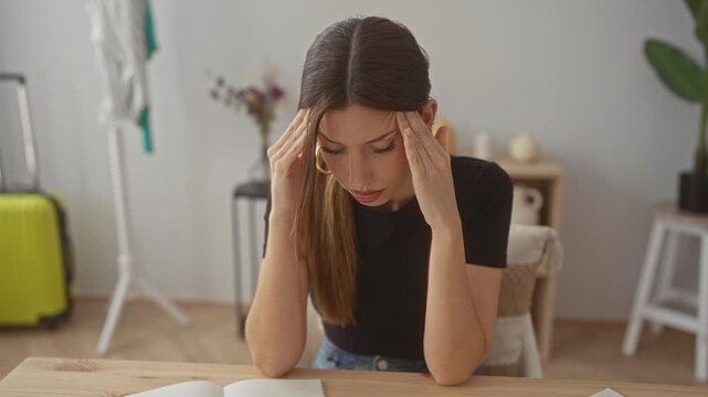 Young hispanic woman pressing temples over an open book on a wooden table inside a bright building; mental fatigue.
