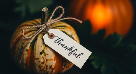 A small, decorative pumpkin with a tag that says thankful sits on dark green leaves