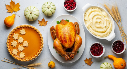 A thanksgiving dinner spread with a roasted turkey, pumpkin pie, mashed potatoes, and cranberry sauce