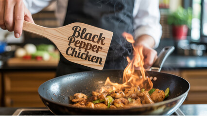 Chef stirfrying Black Pepper Chicken in a wok, vibrant Asian kitchen-
