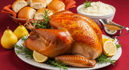 A beautifully roasted turkey served with fresh pears, lemon slices, and gravy on a festive plate