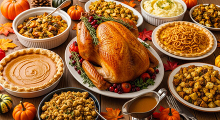 A bountiful thanksgiving dinner spread with a roasted turkey, pies, and side dishes on a rustic wooden table