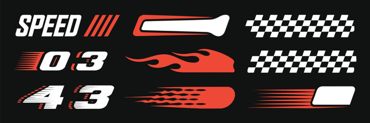 Motorsport Race Car Graphics Collection – Vector set with racing stripes, checkered flags, dynamic speed lines, tuning stickers, race decals, and motocross labels for high-performance automotive and m