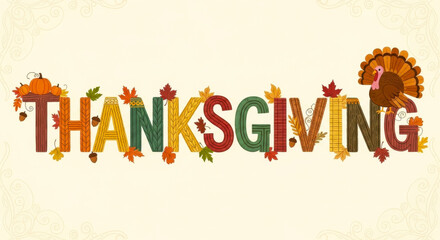 Colorful thanksgiving text art with autumn leaves and a turkey illustration on a light background