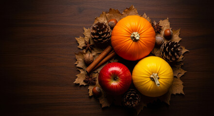 Autumn harvest arrangement with pumpkin, apple, pine cones and cinnamon sticks on a wooden table