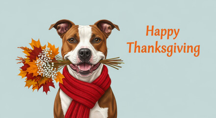 Happy thanksgiving greeting with a dog holding a bouquet of autumn leaves and a red scarf
