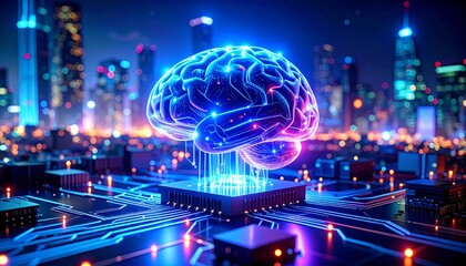 Stunning digital brain concept over cityscape, highlighting AI and future technology