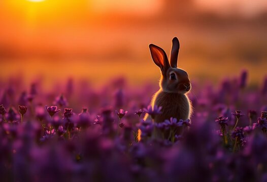 Silhouette of cute bunny in purple flower field, sunset glow,  calm,  sunset