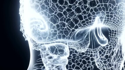 Futuristic translucent head displays intricate cellular network with glowing energy. - Powered by Adobe
