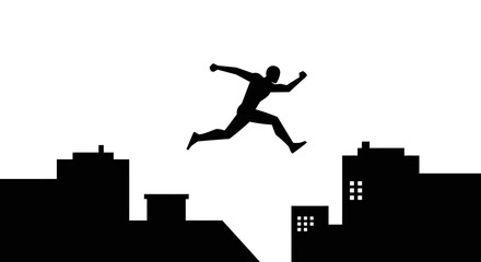 Dynamic silhouette of a determined person leaping across city buildings symbolizing ambition adventure and overcoming obstacles in urban environments isolated on white background