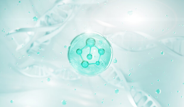 3D DNA strand with molecular serum sphere, symbolizing biotech skincare, gene repair, and advanced anti-aging cosmetic science.